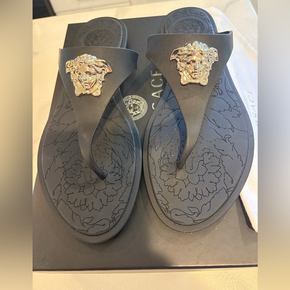Versace Black Sandals with Gold Medusa Accent - Picture 3 of 5